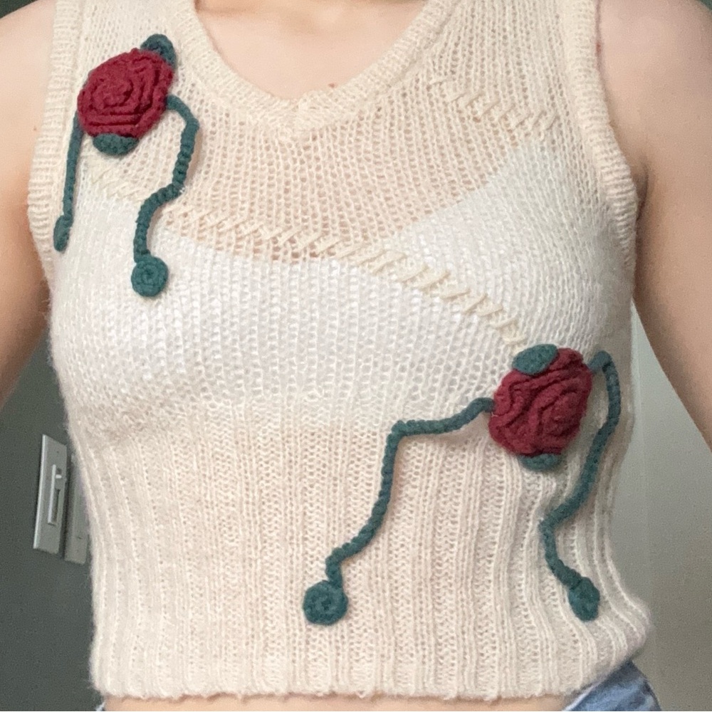 Kimchi Blue Urban Outfitters Cream Knit Sleeveless Top with Red Floral Accents